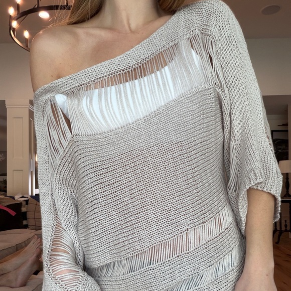 Women's Off-Shoulder Knit Sweater - Beige - Picture 3 of 8
